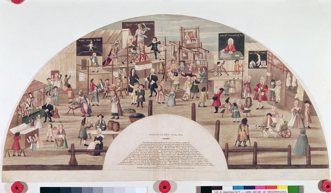 Bartholomew Fair, 1824 (håndfarvet akvatintegravering) af English School