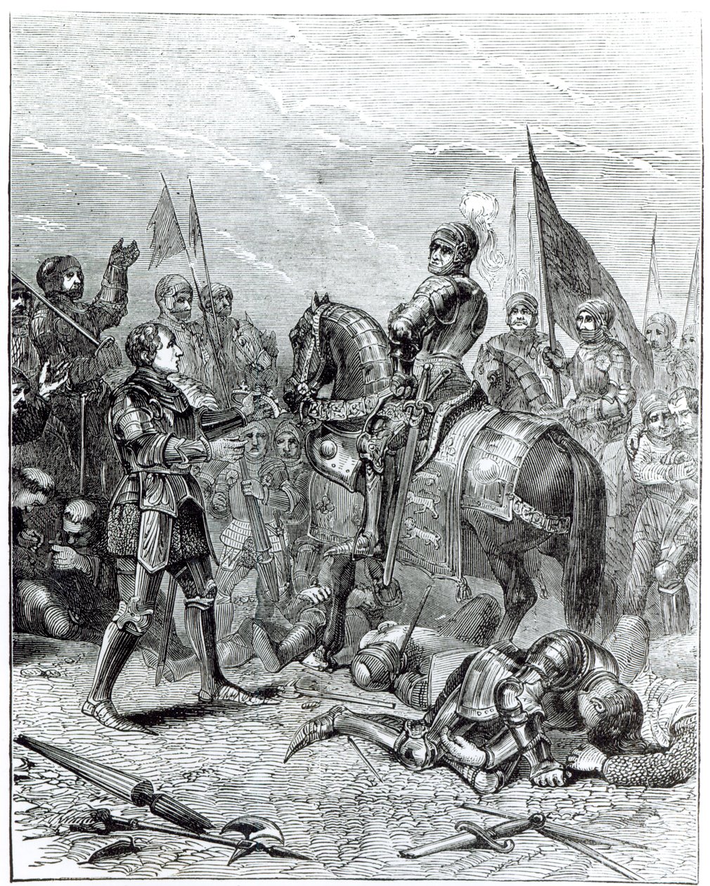Slaget ved Bosworth Field: Lord Stanley bringer kronen af Richard III (1452-1485) til Richmond, 22. august 1485 af English School