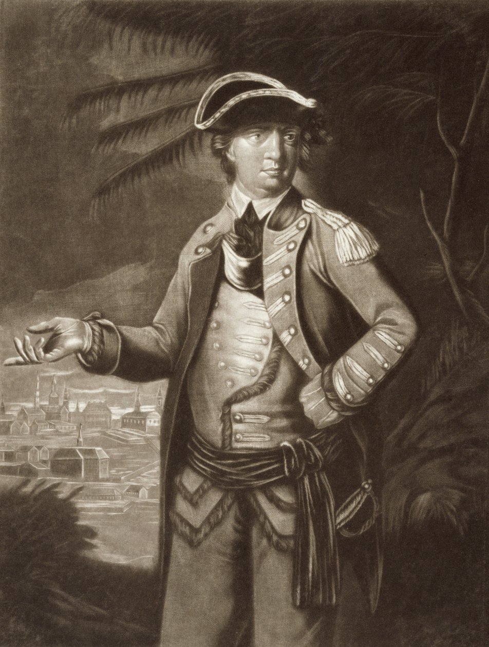 Benedict Arnold, efter et portræt af 1766 med Quebec i baggrunden af English School