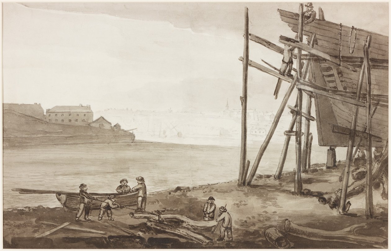 Boat Builders on the Tyne, 1820 (blyant og vask (brun) på papir) af English School