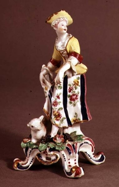 Bueporcelænsfigur af en hyrdin, ca. 1765 (keramik) af English School