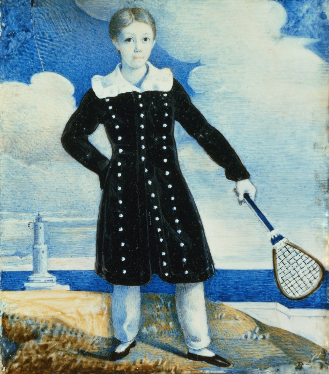 Dreng med badmintonketcher (wc på kort) af English School