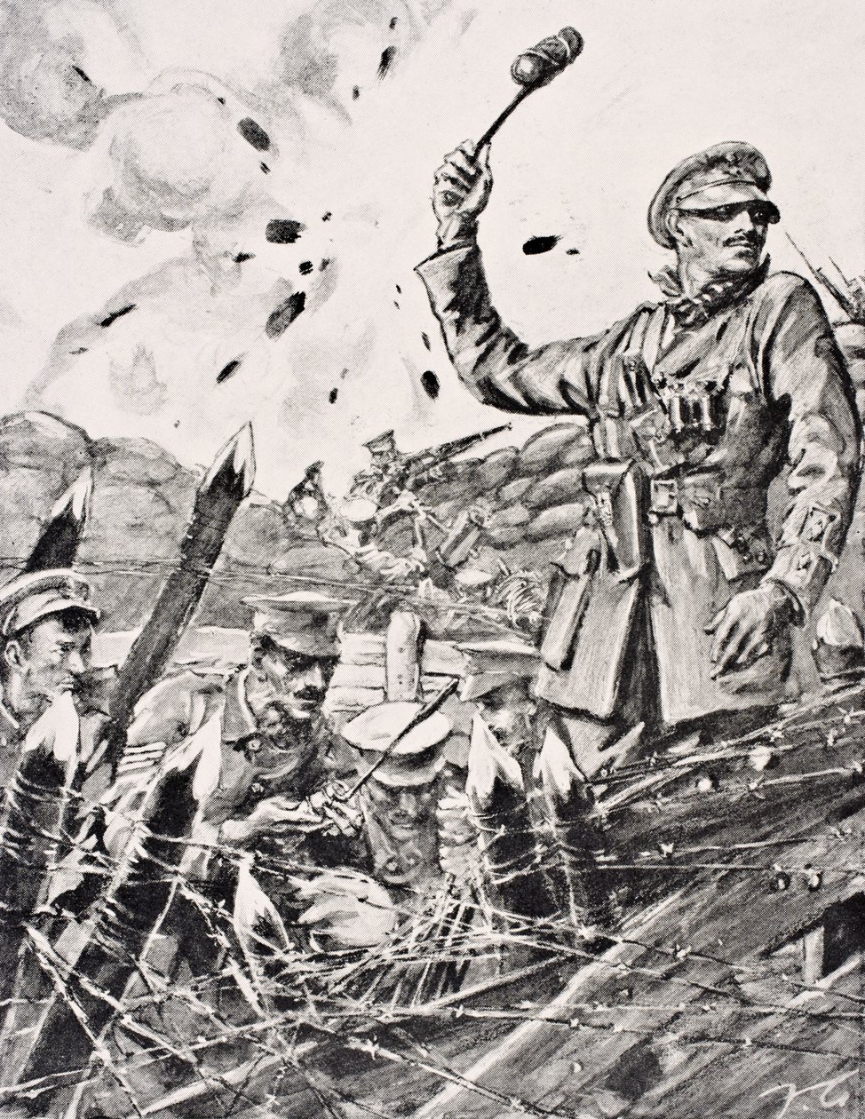Britisk officer kaster granater ud fra skyttegraven mod angribende tyskere, fra "The War Illustrated Album deLuxe", udgivet i London, 1916 af English School