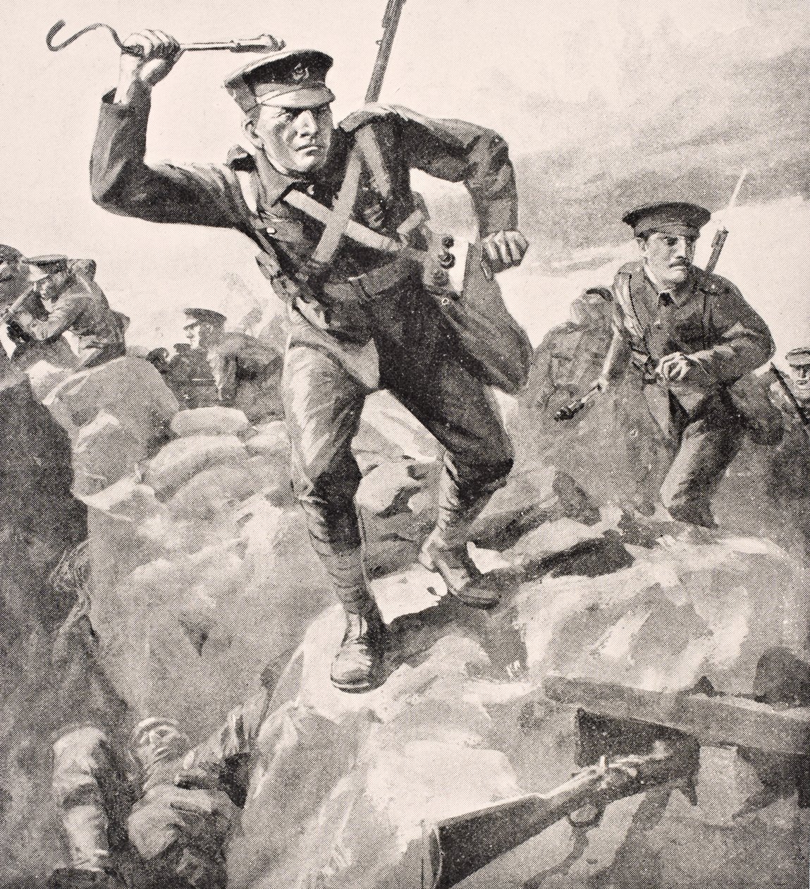 Britiske tropper angriber tyske skyttegrave med håndgranater, fra "The War Illustrated Album deLuxe", udgivet i London, 1916 af English School