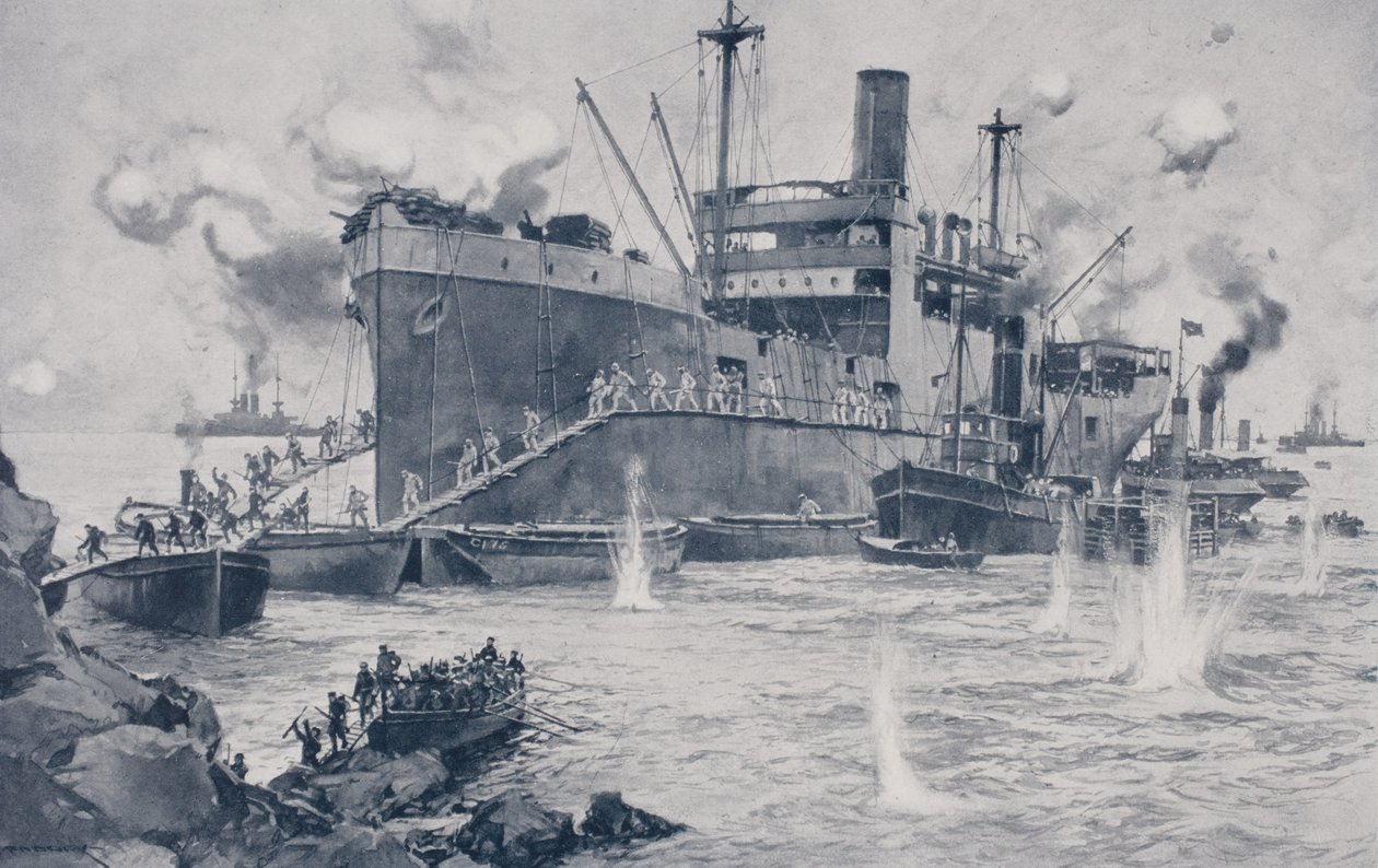 Britiske tropper lander ved Seddul Bahr, Gallipoli, 15. april 1915 af English School