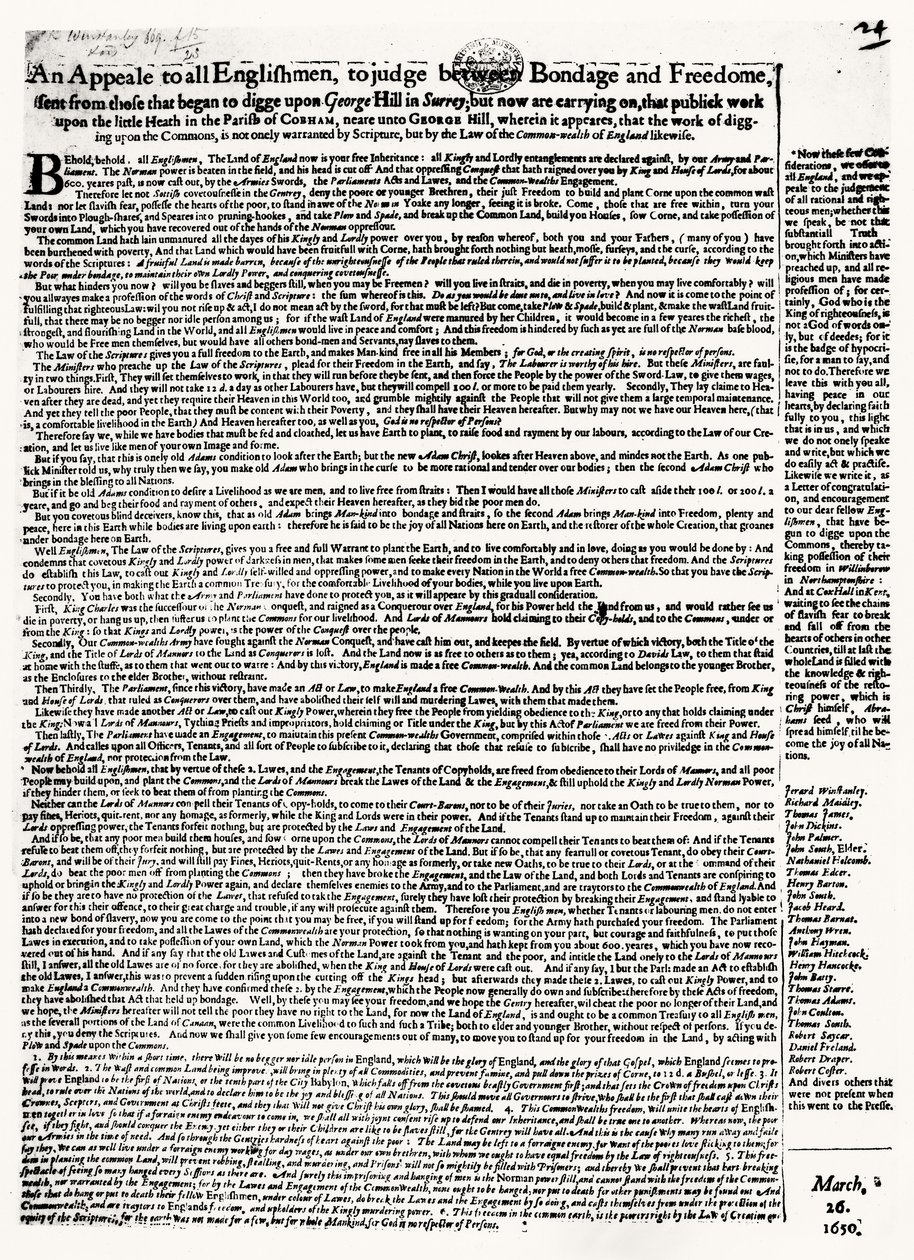 Broadsheet appel til Diggers, udgivet 1650 af English School