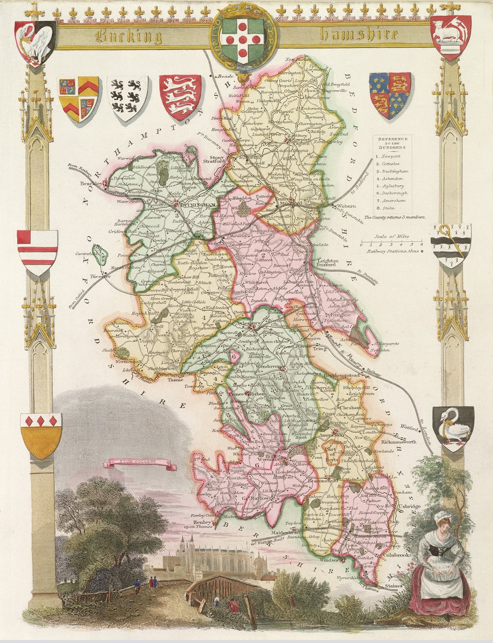 Buckinghamshire med illustrationer af Eton College Chapel (håndfarvet gravering) af English School