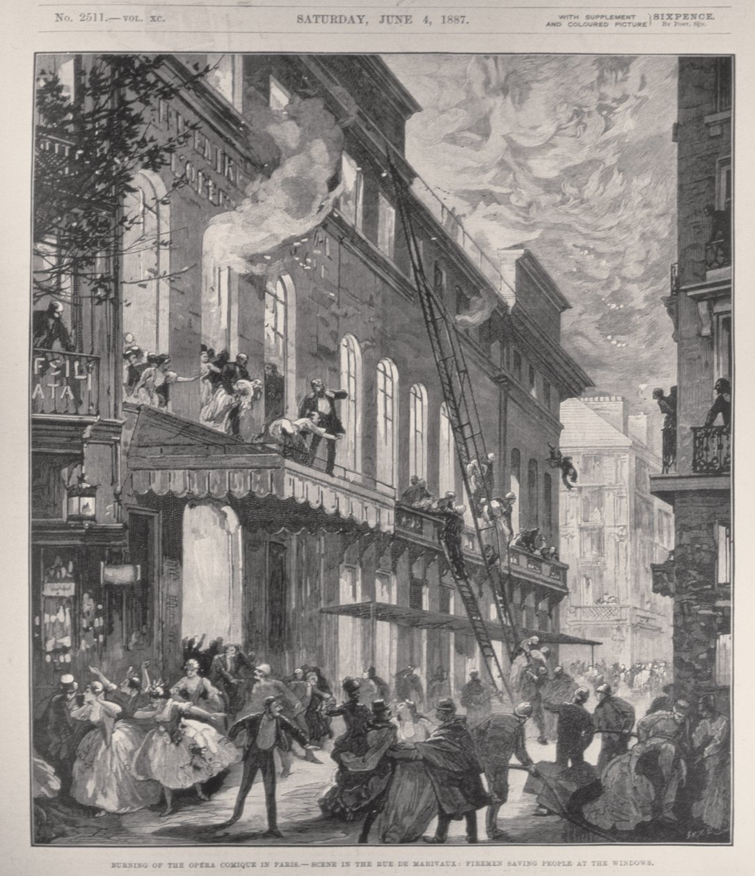 Afbrænding af Opera Comique i Paris, scene i Rue de Marivaux: Brandmænd, der redder mennesker ved vinduerne, fra 