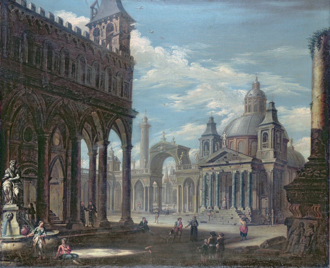 Capriccio af en piazza med gotiske, romerske og barokke bygninger af English School