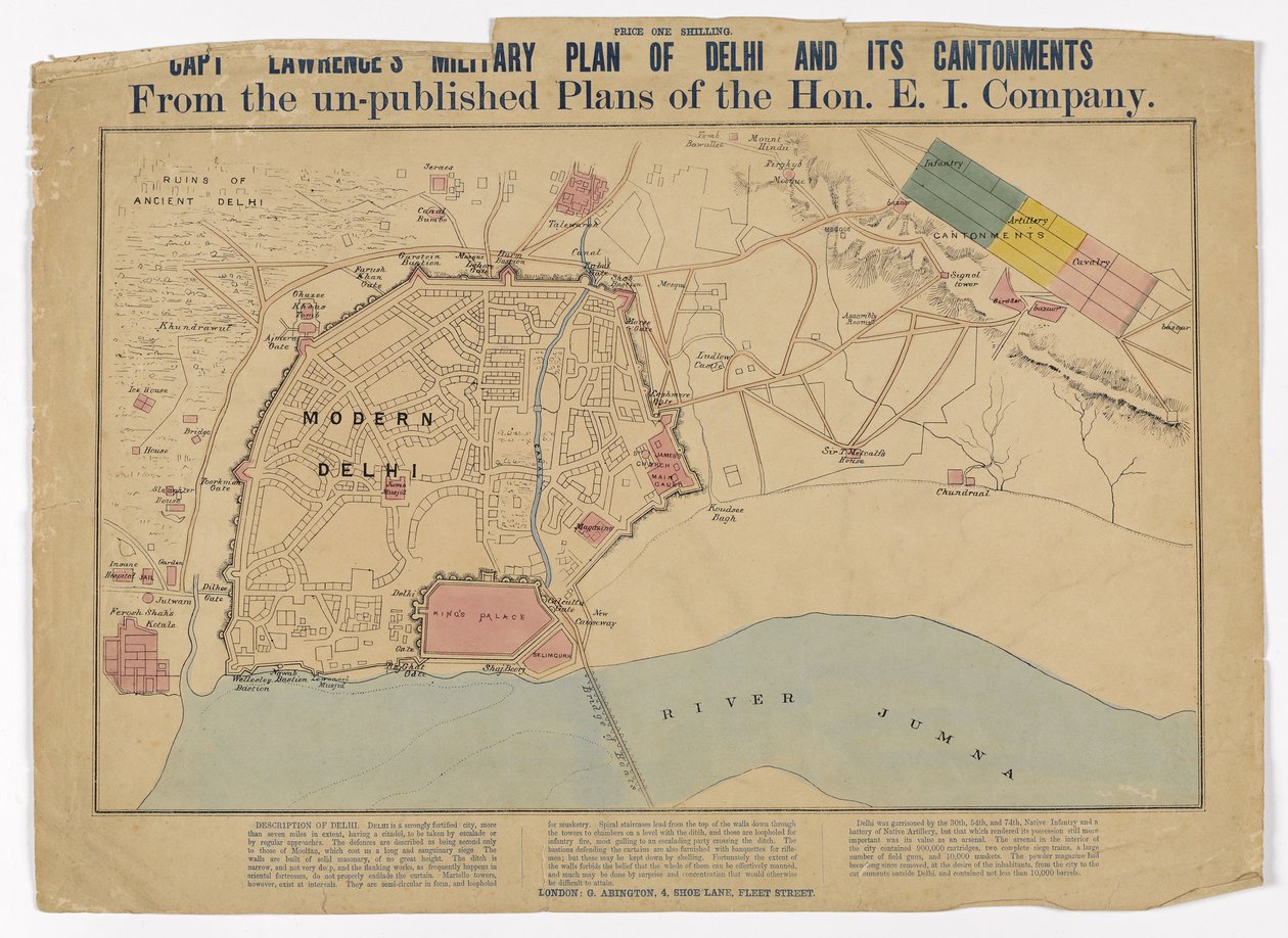 Capt Lawrences militærplan for Delhi og dets kantoner fra de ikke-publicerede planer fra Hon E I Company, ca. 1860 af English School