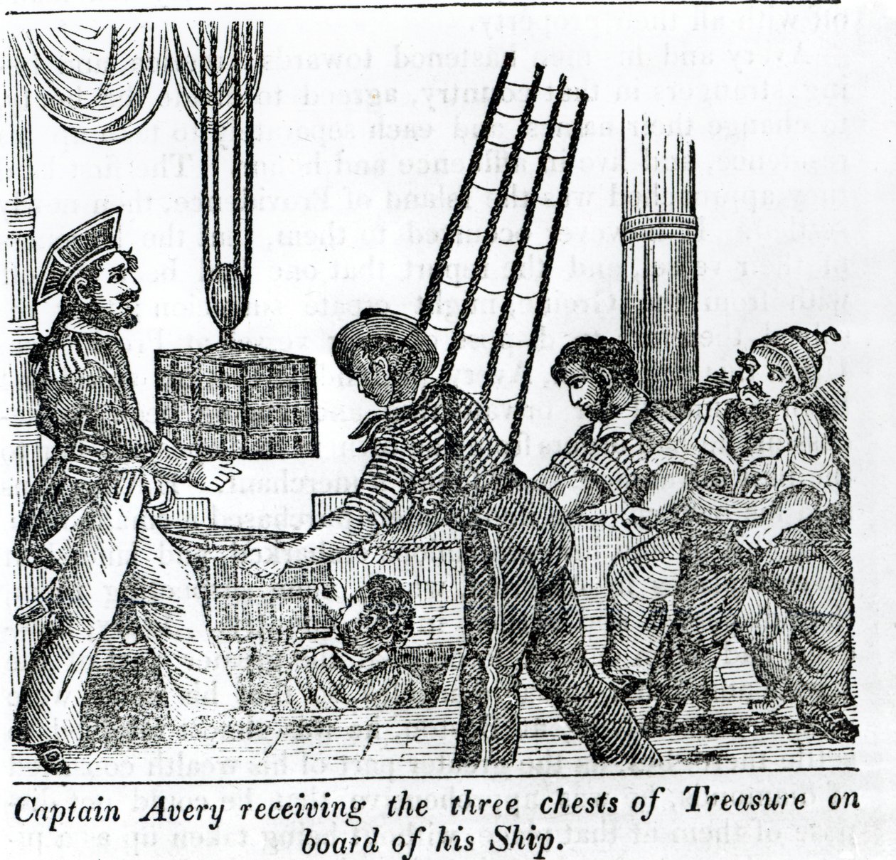 Kaptajn Avery modtager tre skattekister om bord på sit skib, illustration fra "Book of Pirates" 1837 af English School