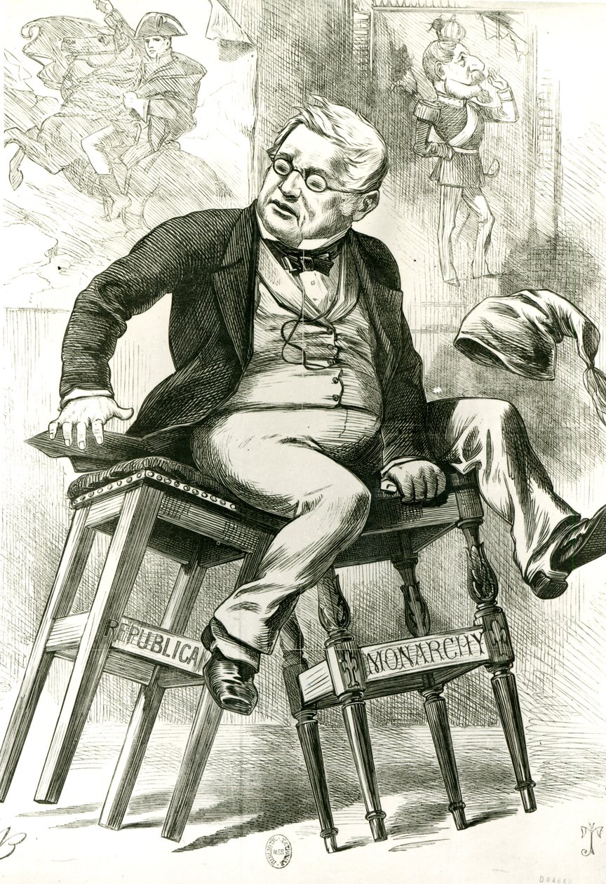 Karikatur af Adolphe Thiers (1797-1877) mellem to taburetter, illustration fra 