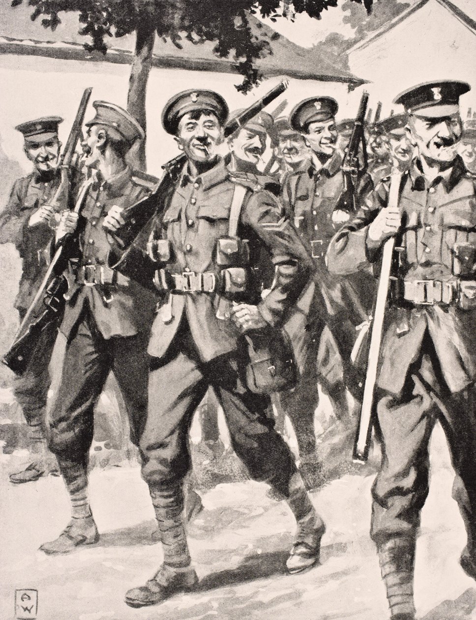 Karikaturlignende tegning af selvsikre britiske tropper på vej til frontlinjen Western Front, 1915, fra 