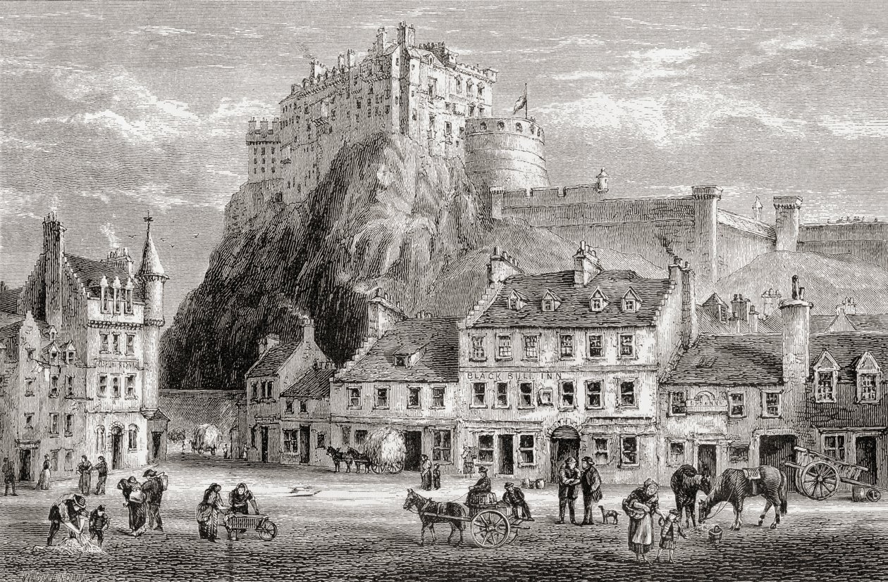 Castle and Grassmarket, Edinburgh, Skotland, fra "Scottish Pictures Drawn with Pen and Pencil", af Samuel G. Green, udgivet i 1886 af English School