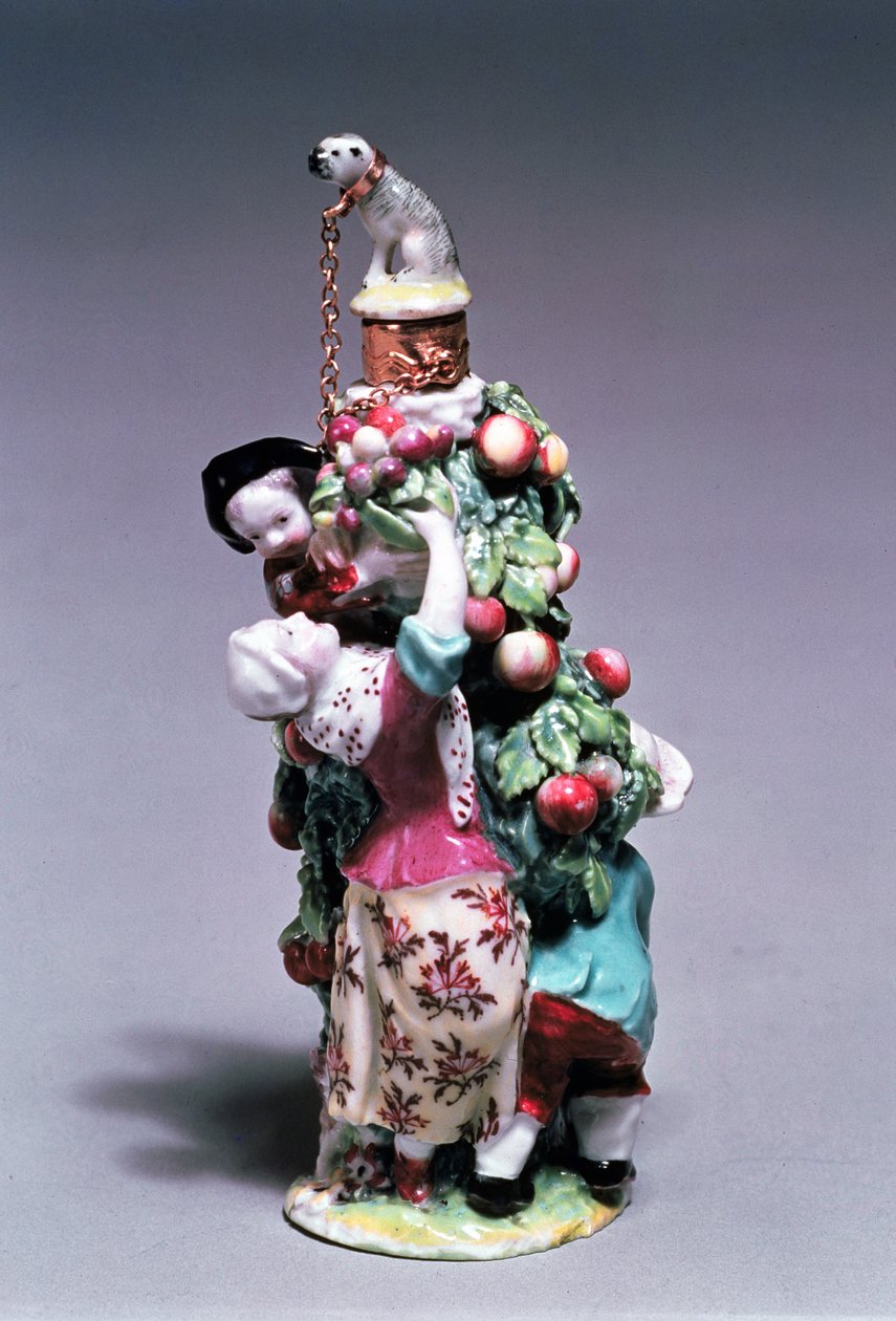 Chelsea-duftflaske, der forestiller en mor og børn, der plukker frugt, Gold Anchor Period, 1758-69 (porcelæn) af English School