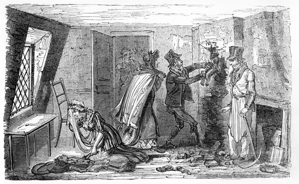 Skorstensfejerens drenge fanget i en skorsten, illustration fra 