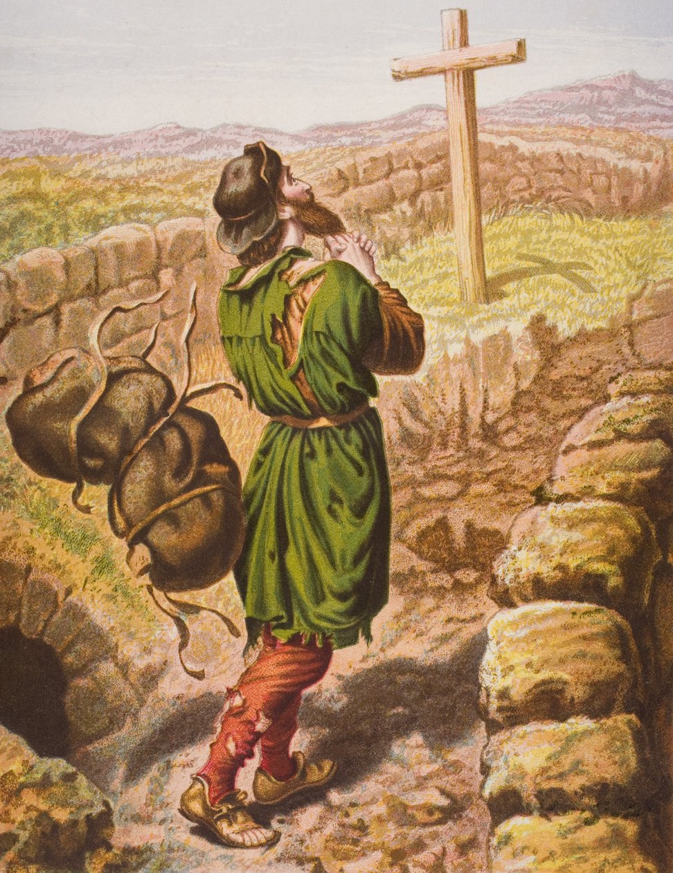 Christian mister sin byrde ved korset, illustration fra 