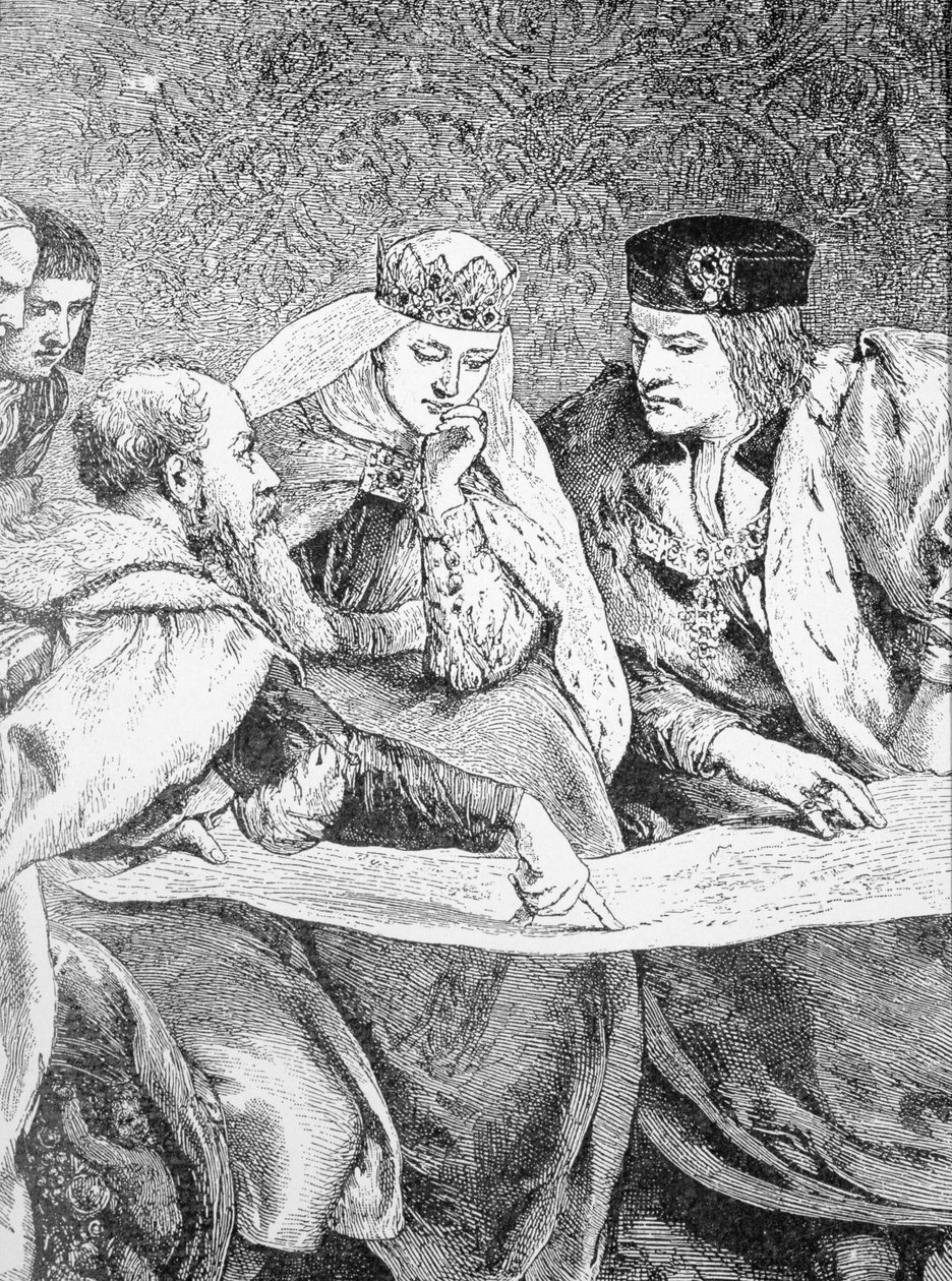 Christopher Columbus (1451-1506) beskriver sin rejse til Amerika til kong Ferdinand II (1452-1516) og dronning Isabella (1451-1504) af English School