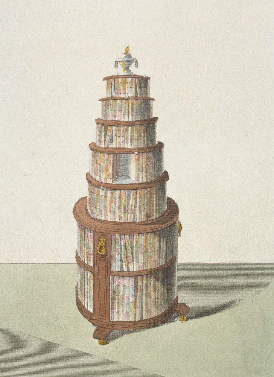 Cirkulær flytbar reol, plade 13 fra Ackermanns Repository of Arts, Literature, Commerce, Manufactures, Fashion and Politics, udgivet 1810 af English School