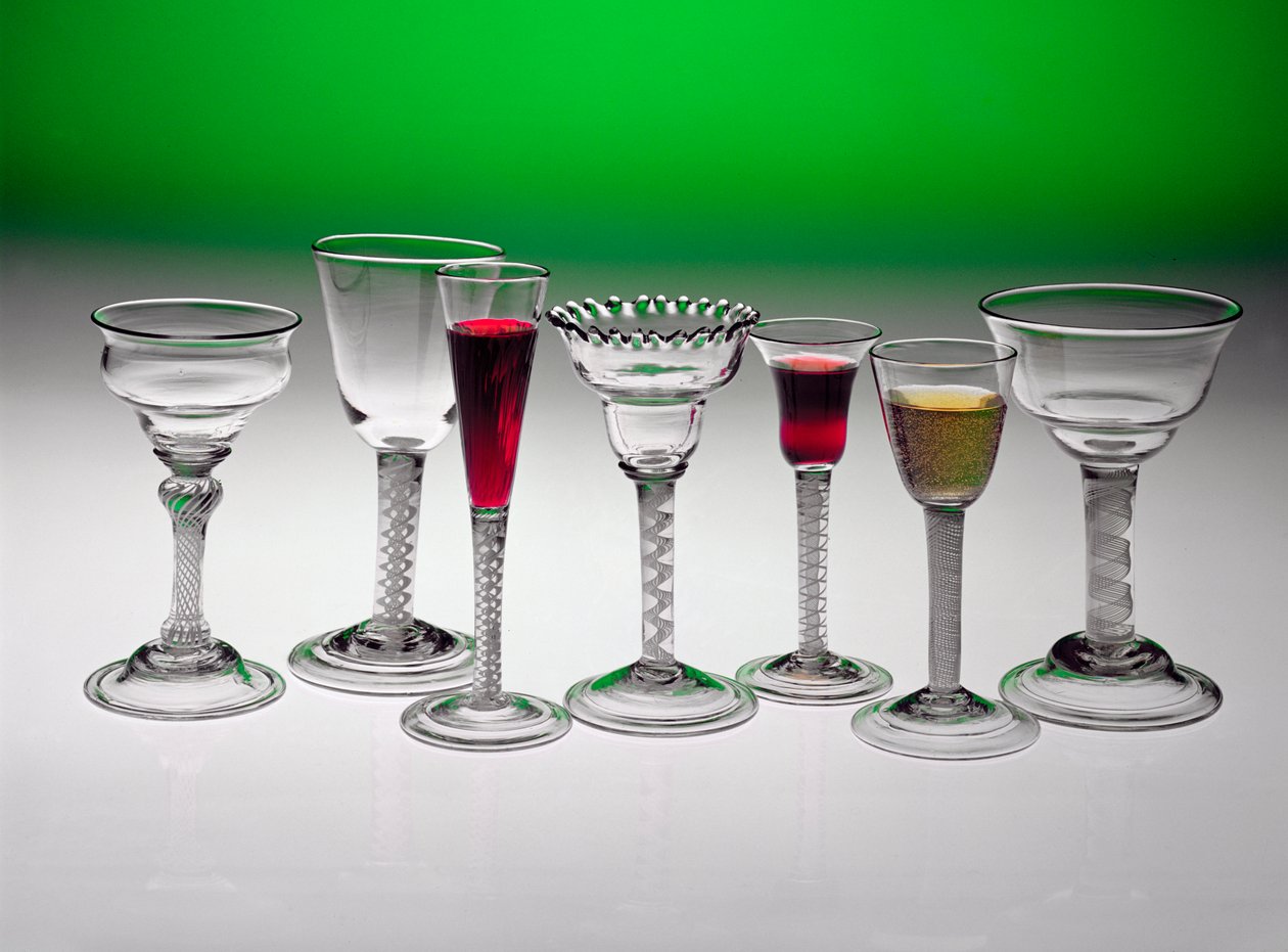 Samling af vinglas med snoede stilke, midten af 1700-tallet (glas) af English School