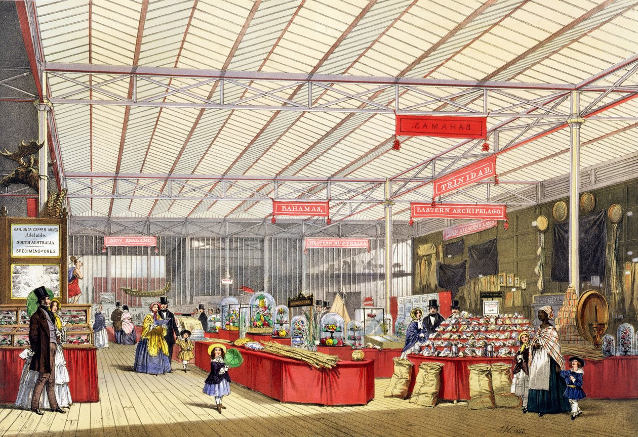 Colonial Produce i den store udstilling i 1851, fra Dickinsons Comprehensive Pictures (farvet litho) af English School