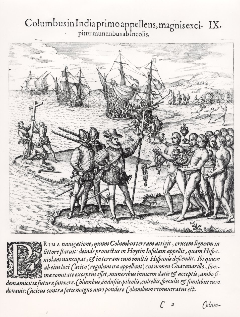 Columbus i det, der først blev kaldt Indien, modtaget af indianerne med gaver af English School