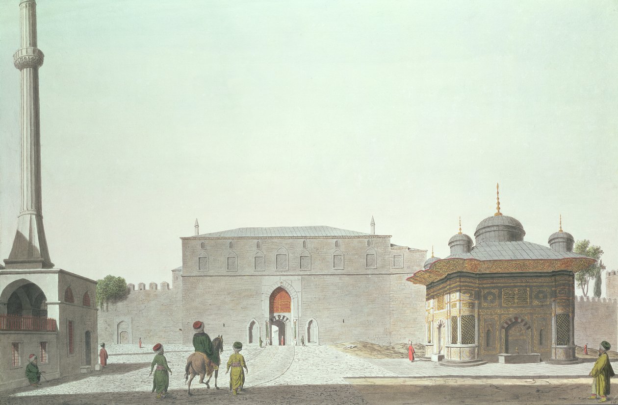 Konstantinopel: Haghia Sophia-pladsen, der viser springvandet og den kejserlige port i det gamle Seraglio (Topkapi-paladset) af English School