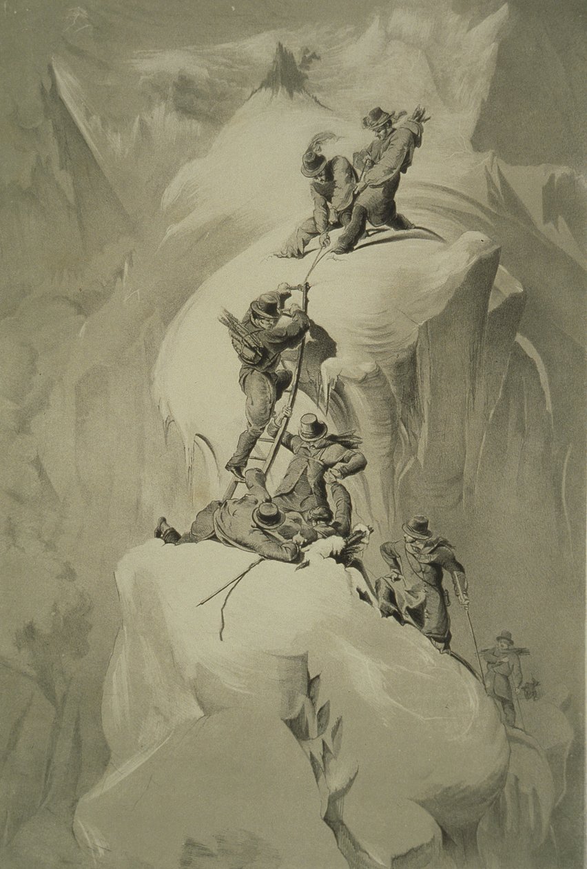 Krydser en sprække, fra ti scener i den sidste bestigning af Mont Blanc, inklusive fem udsigter fra topmødet, af J.D.H. Browne, udgivet 1853 af English School