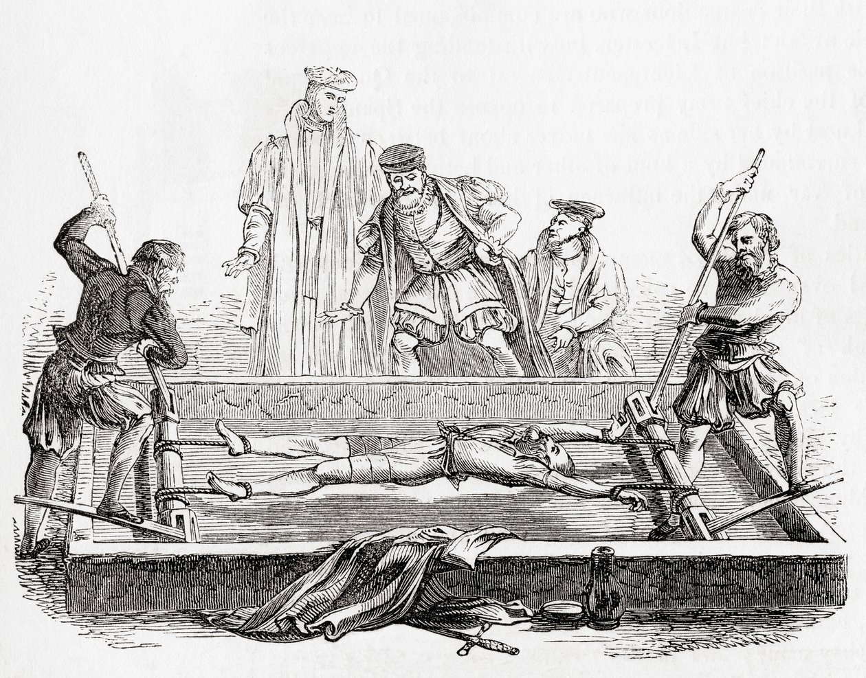 Cuthbert Simpson, også Symson, Simson eller Symion, tortureret på stativet i Tower of London under Marian-forfølgelsen, 1558, fra Old England: A Pictorial Museum, pub. 1847 af English School