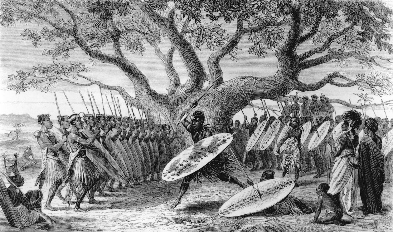 Dance of the Landeens, eller Zulus, ankom til Shupanga for at løfte den årlige hyldest af portugiserne, indgraveret af Josiah Wood Whymper (1813-1903) af English School