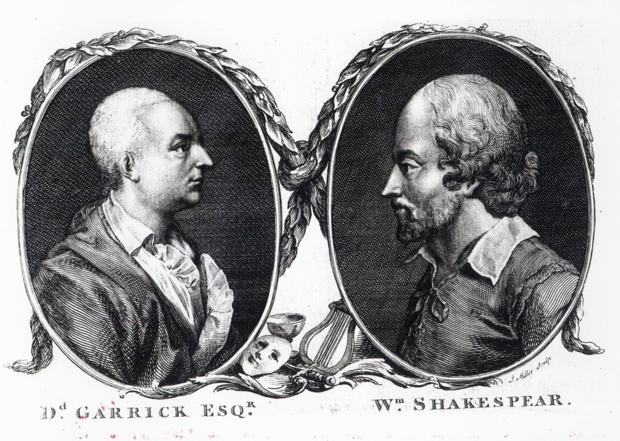David Garrick og Shakespeare, graveret af J. Miller af English School