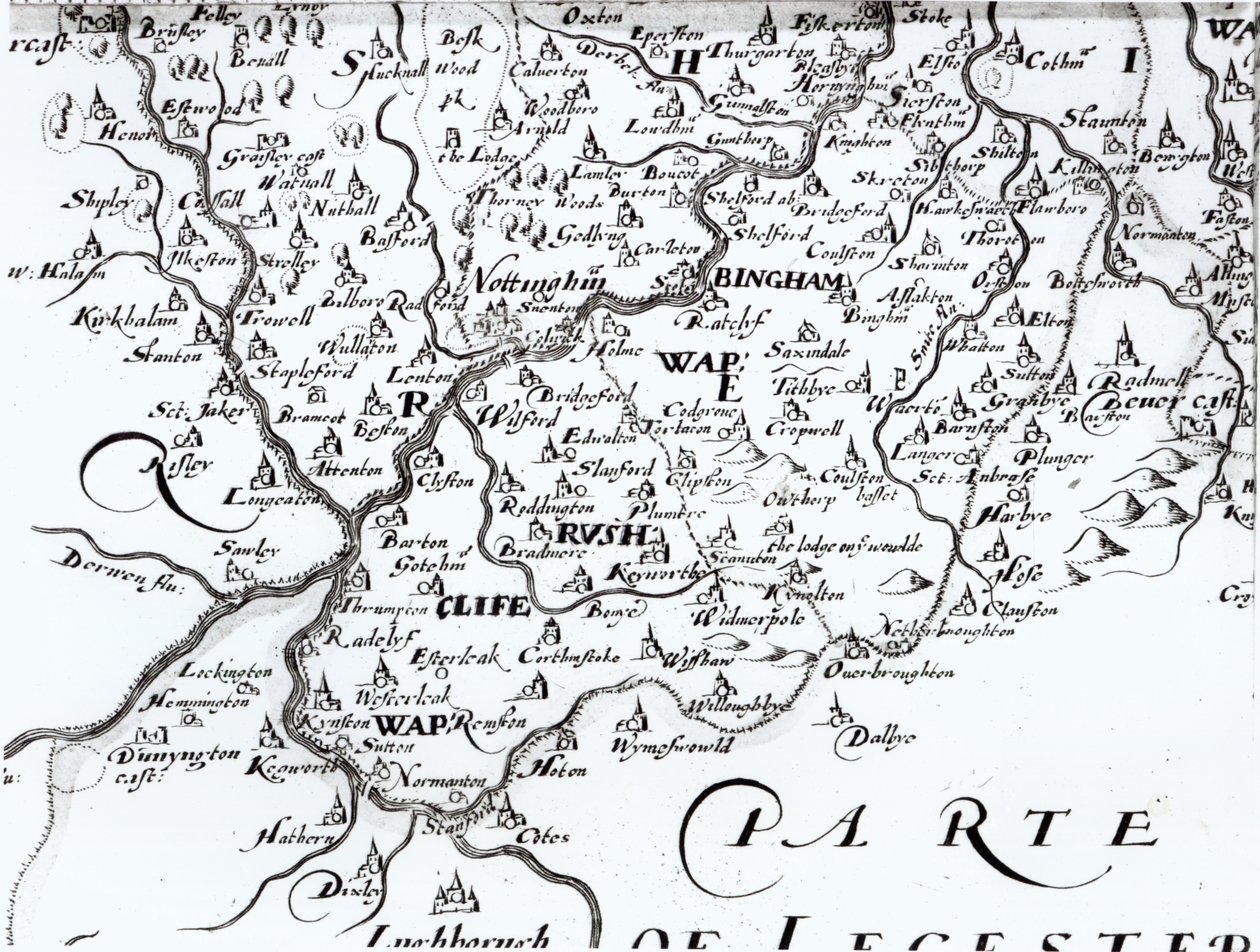 Detalje af et kort over grevskabet Nottinghamshire, der viser byen Nottingham, 1642 af English School