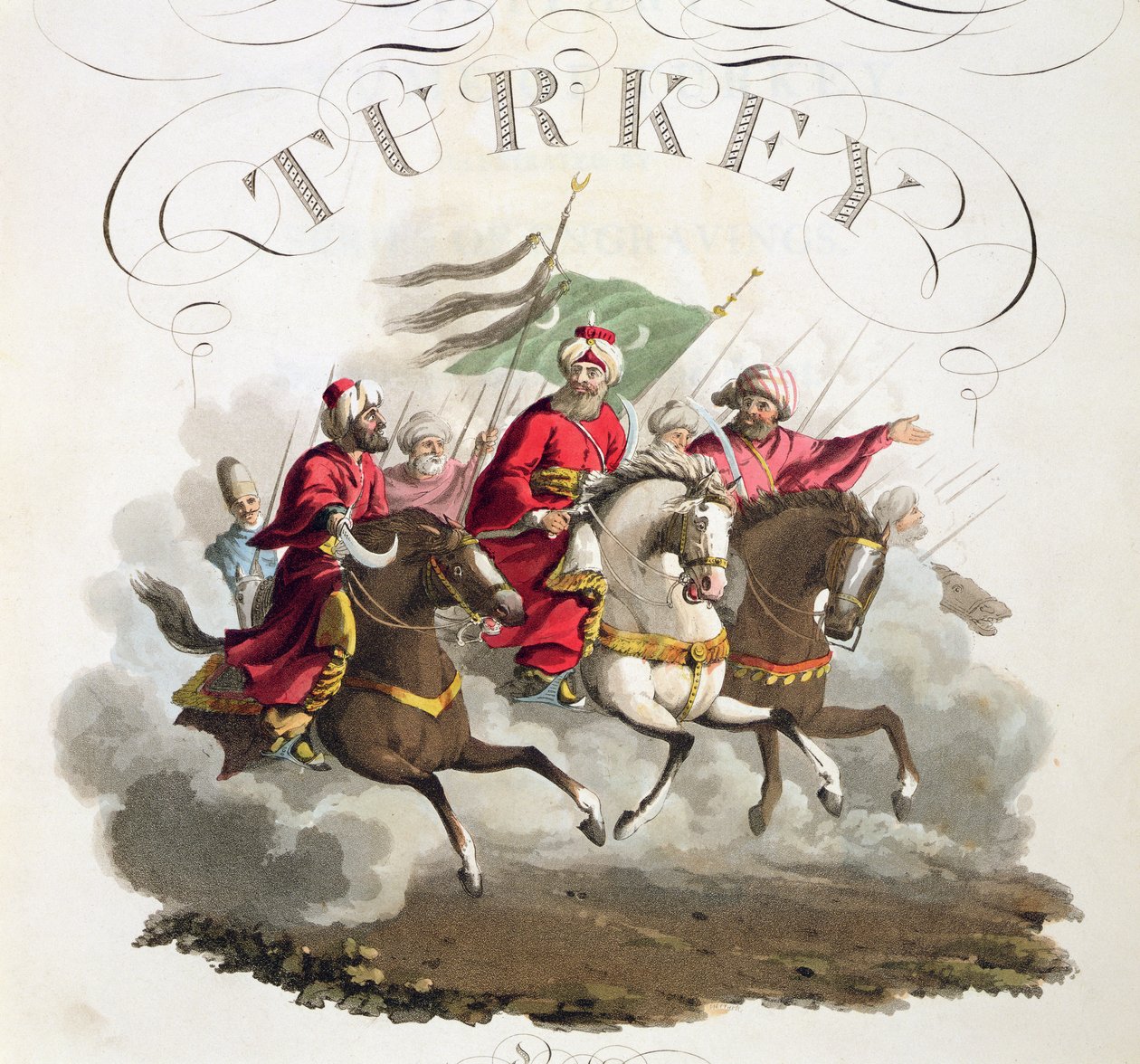Detalje af titelblad, fra Costumes of the Various Nations, bind VII, The Military Costume of Turkey, af Thomas MacLean, udgivet ca. 1800-18 (håndfarvet akvatint) af English School