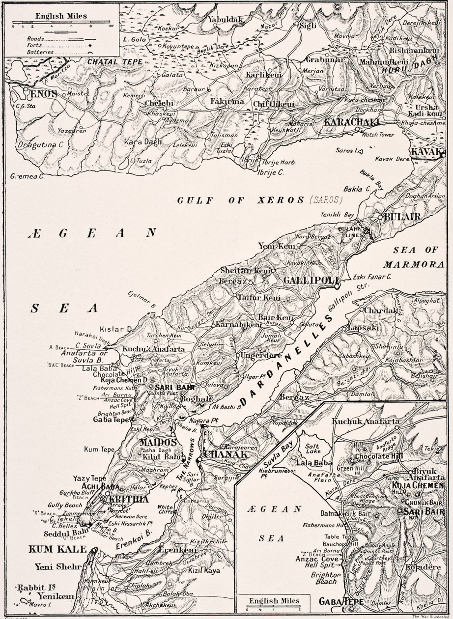 Detaljeret kort over Gallipoli-halvøen og Dardanellerne i Tyrkiet, 1915, fra "The War Illustrated Album deLuxe", udgivet i London, 1916 af English School