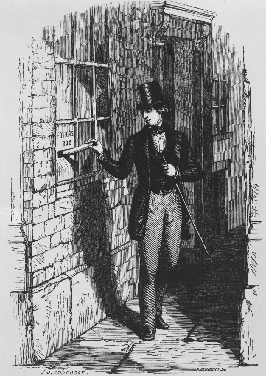 Dickens placerer sit første litterære bidrag i redaktørens boks af English School