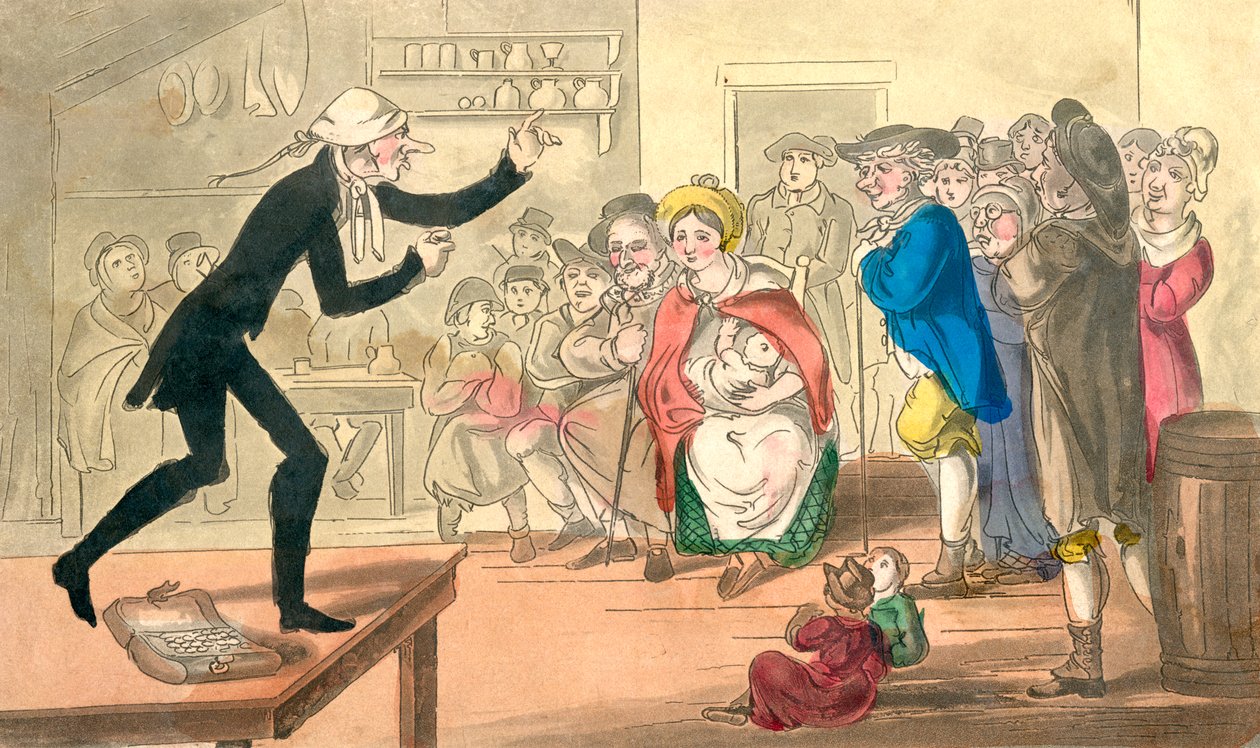 Dr. Comicus Selling his Pills, fra The Adventures of Dr. Comicus eller The Frolicks of Fortune, udgivet ca. 1815 (håndfarvet akvatint) af English School