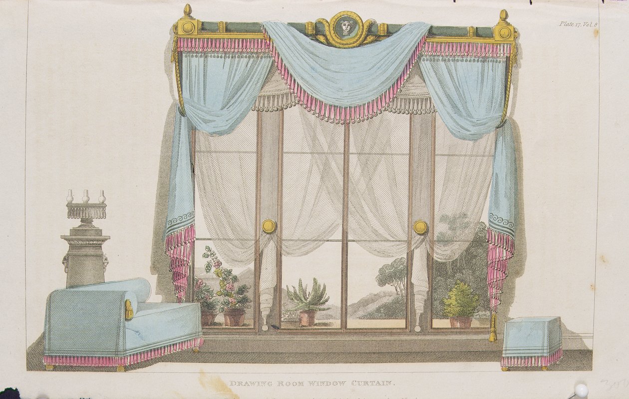 Tegnestue vinduesgardin, plade 43 fra Ackermanns Kunstdepot, udgivet 1812 af English School