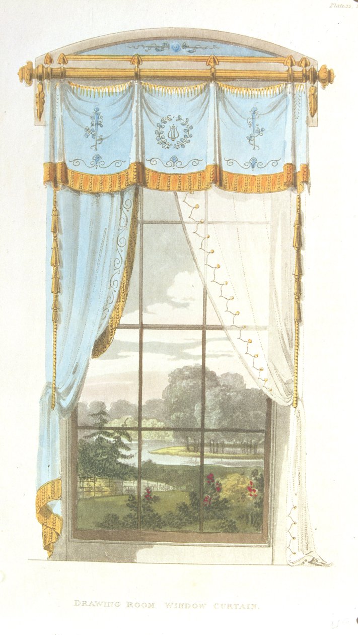 Tegnestue vinduesgardin, plade 72 fra Ackermanns Kunstdepot, udgivet 1815 af English School