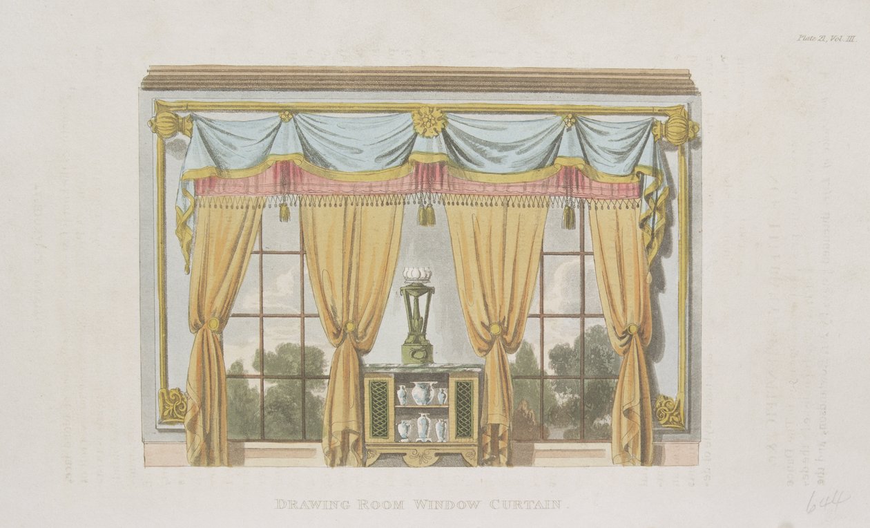 Tegnestue vinduesgardin, plade 93 fra Ackermanns Kunstdepot, udgivet 1817 af English School