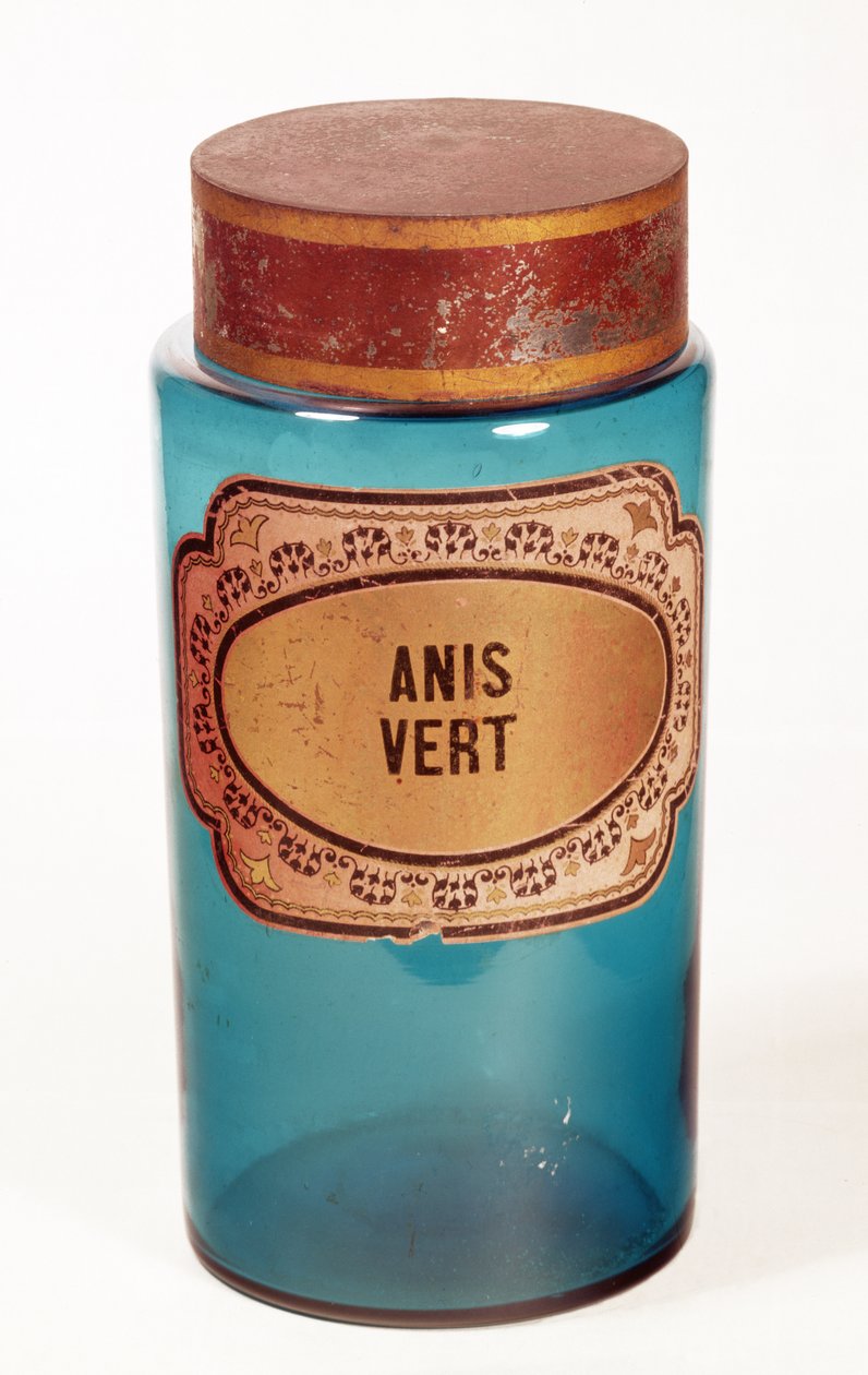 Drug Jar, med etiket til Anis Vert, ca. 1860 (blåt glas) af English School