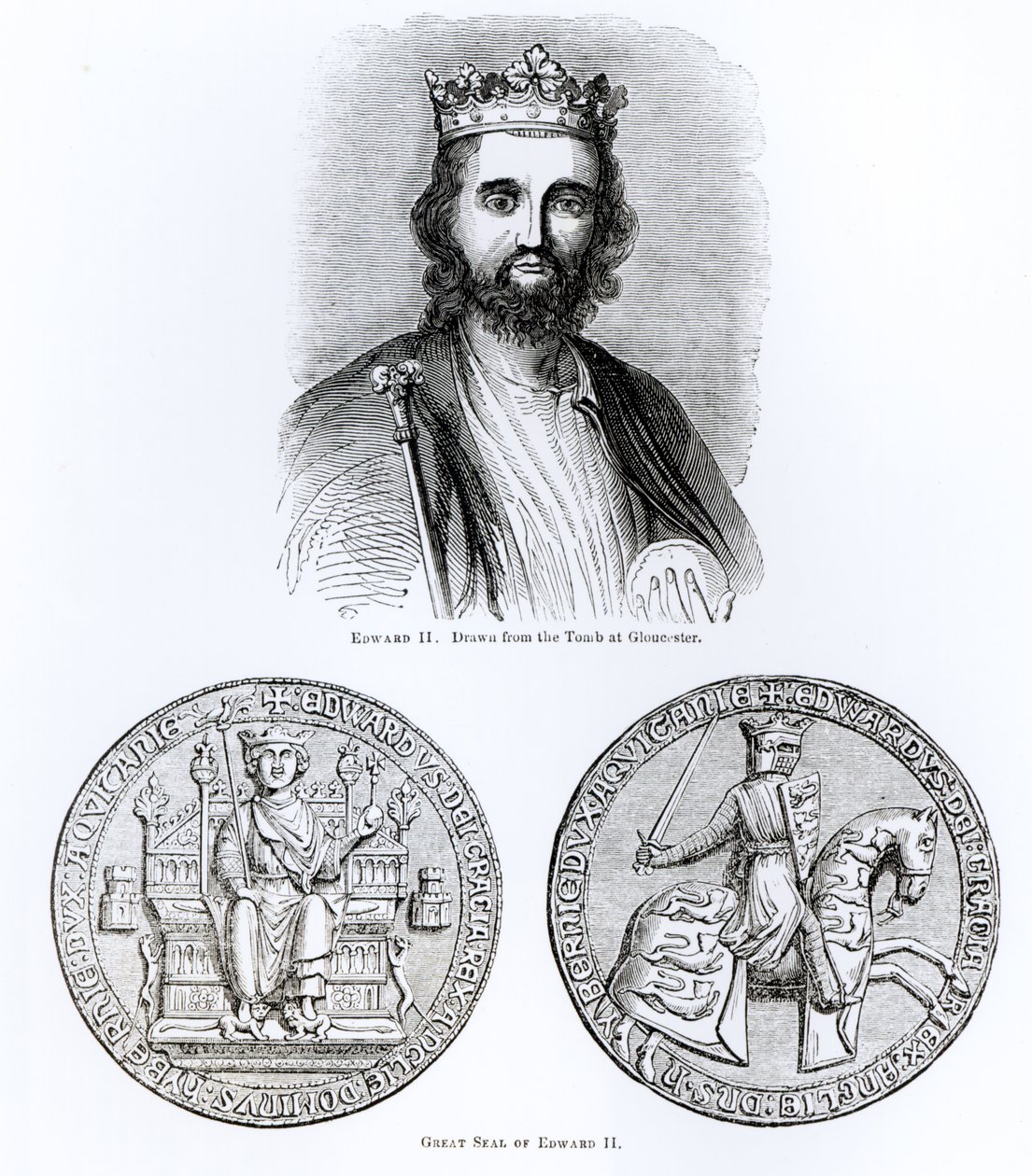 Edward II (1284-1327) hentet fra graven i Gloucester og det store segl af English School