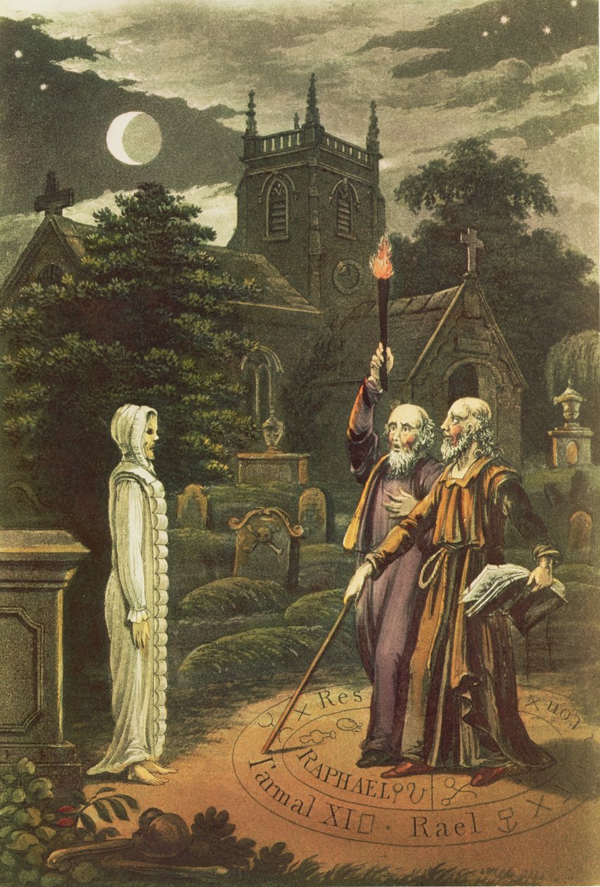 Edward Kelly (f.1555), en tryllekunstner, og hans partner, matematikeren og astrologen, John Dee (1527-1608), der rejser et spøgelse (håndfarvet gravering) af English School