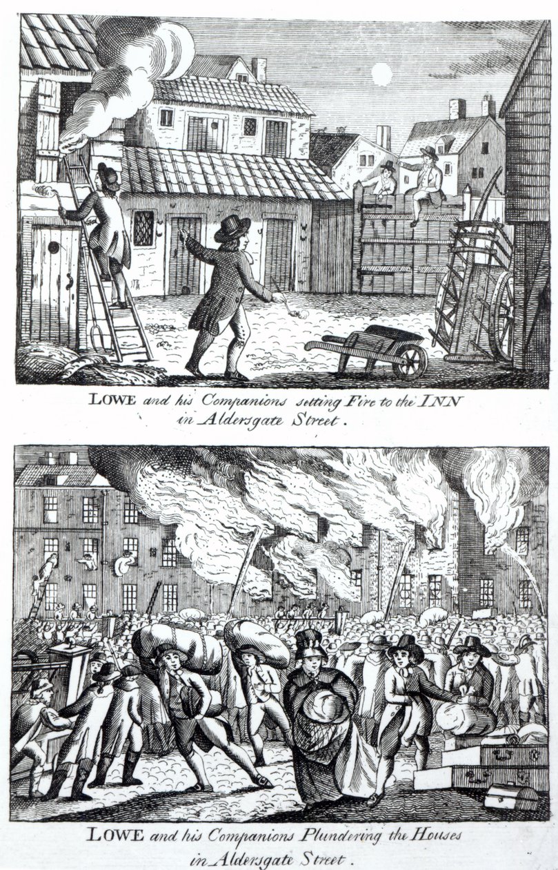 Edward Lowe og hans ledsagere satte ild til kroen på Aldersgate Street og plyndrede husene, 16. maj 1790 af English School