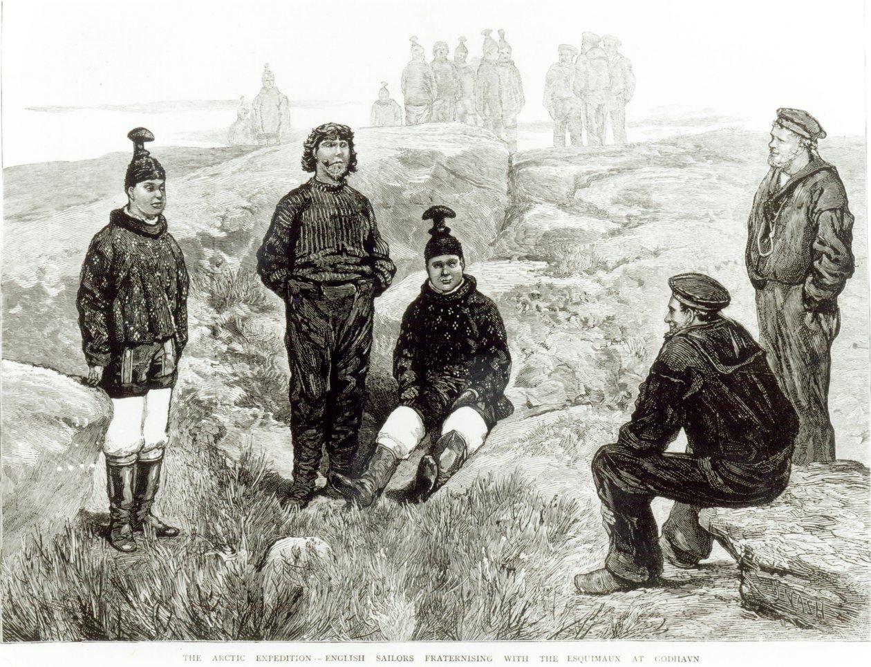 Engelske søfolk fraterniserende med eskimoerne ved Godhavn, fra 