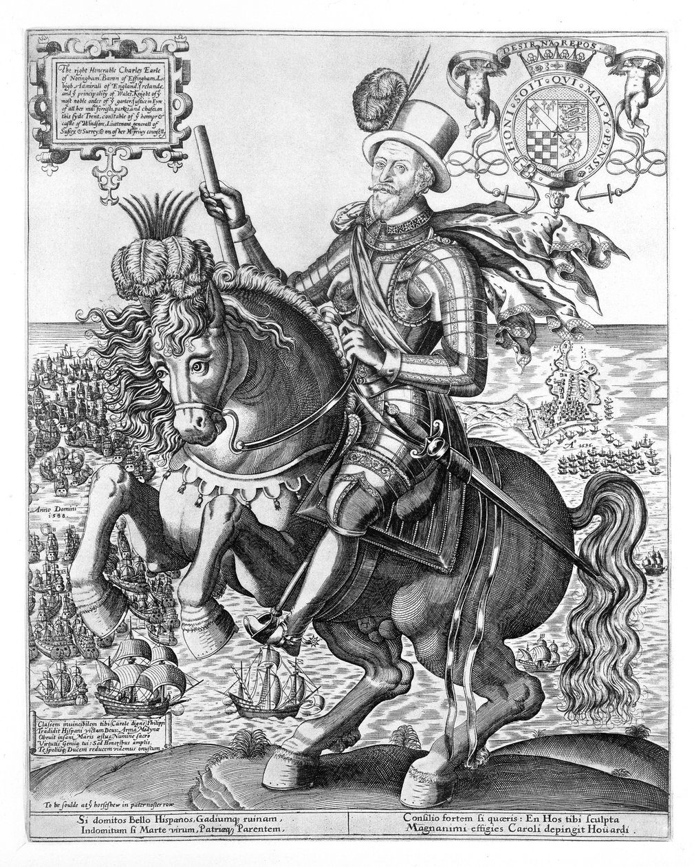 Rytterportræt af Charles Howard (1536-1624) 2. baron Howard af Effingham, 1. jarl af Nottingham, indgraveret af Thomas Cockson (fl.1591-1636) c.1597-1603 af English School