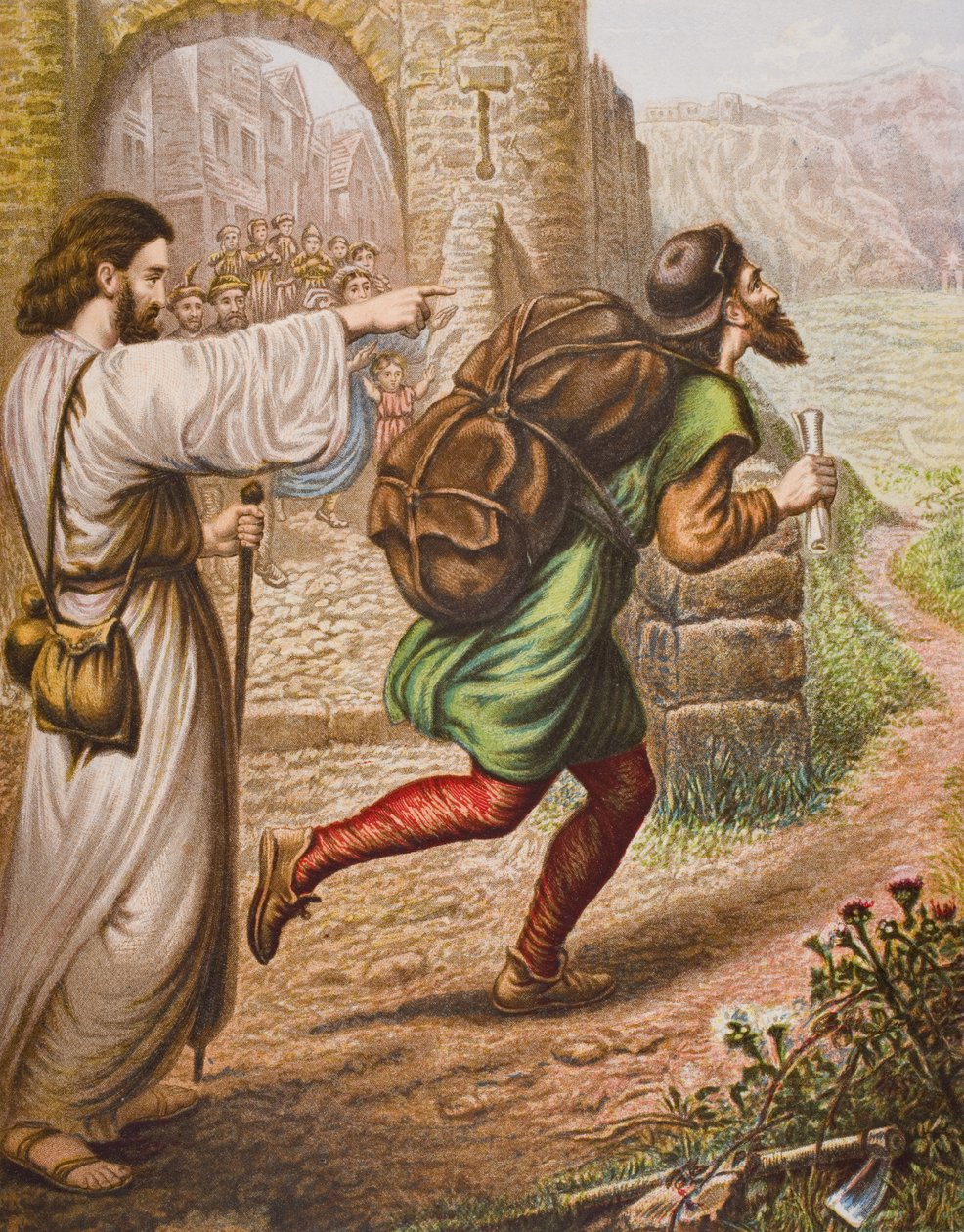 Evangelist leder den kristne på vej, illustration fra "Pilgrim