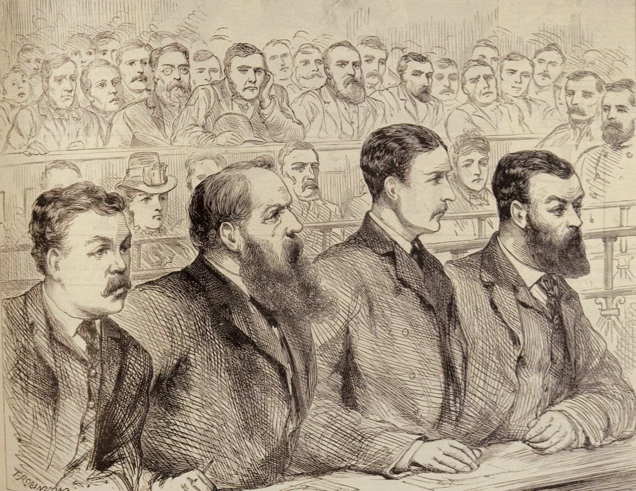 Undersøgelse af de socialdemokratiske føderationsledere ved Bow Street Police Court, fra The Illustrated London News, 27. februar 1886 af English School