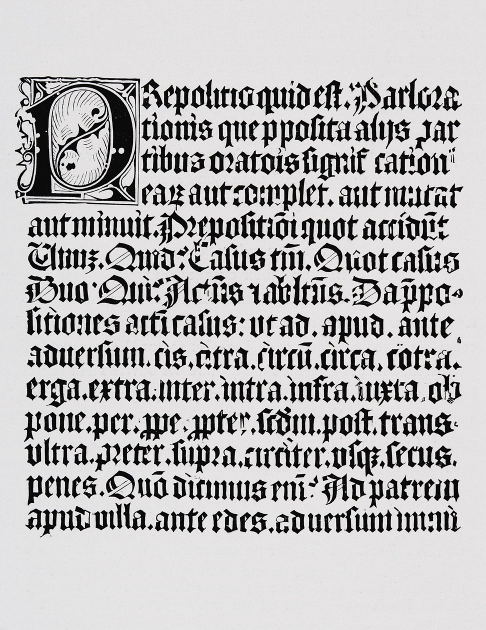 Faksimile af en side med xylografi eller trægravering om præpositionen, fra en grammatikbog trykt af Johann Fust og Johannes Gutenberg, Mainz, ca. 1450 af English School