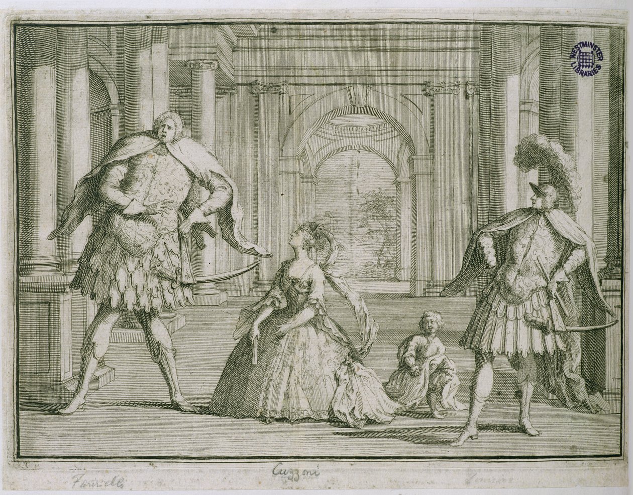Farinelli, Cuzzoni og Senesino i Handels Flavio, c.1728 af English School