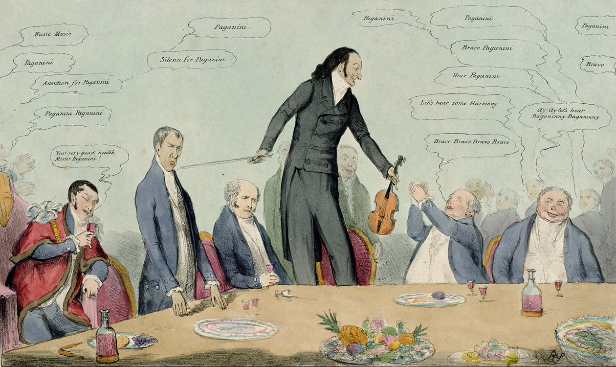 Fiddlestick versus Broomstick, karikatur af Niccolo Paganini, pub. af Thomas McLean, 1831 (farvet radering) af English School